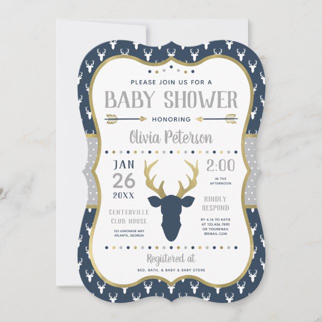 Woodland Baby Shower Einladung, Marine, Grau, Gold Einladung (Vorderseite)