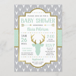 Woodland Baby Shower Einladung, Minze, Grau Einladung