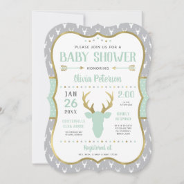 Woodland Baby Shower Einladung, Minze, Grau, Gold Einladung