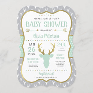 Woodland Baby Shower Einladung, Minze, Grau, Gold Einladung