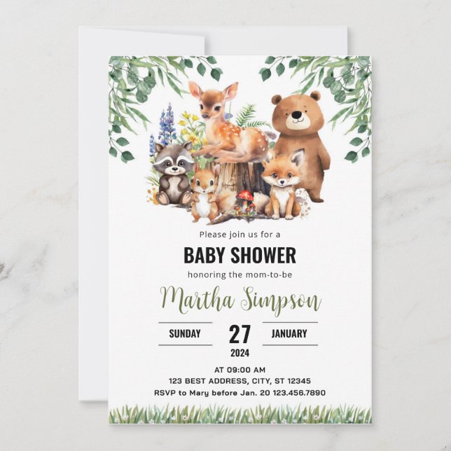 Woodland Baby Shower Einladung | Waldtiere (Vorderseite)
