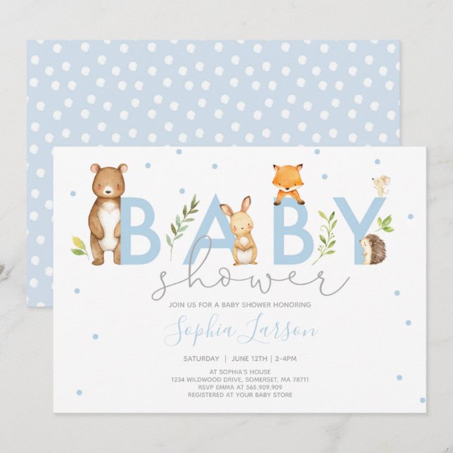 Woodland Baby Shower Einladung Waldtiere (Vorne/Hinten)