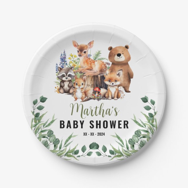 Woodland Baby Shower Einladung | Waldtiere Pappteller (Vorderseite)