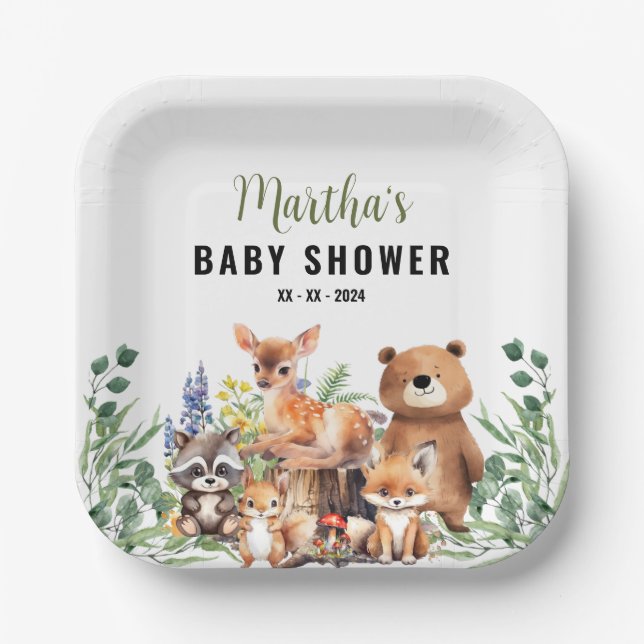 Woodland Baby Shower Einladung | Waldtiere Pappteller (Vorderseite)