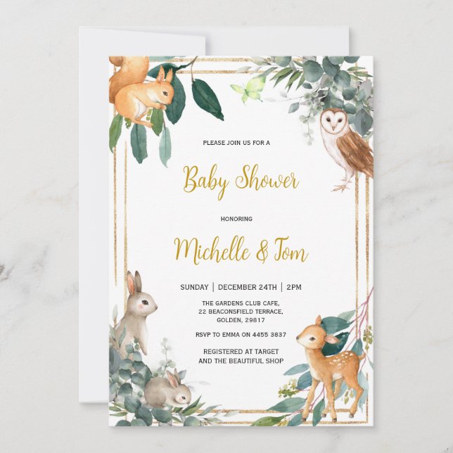 Woodland Baby Shower Forest Animals Einladung (Vorderseite)