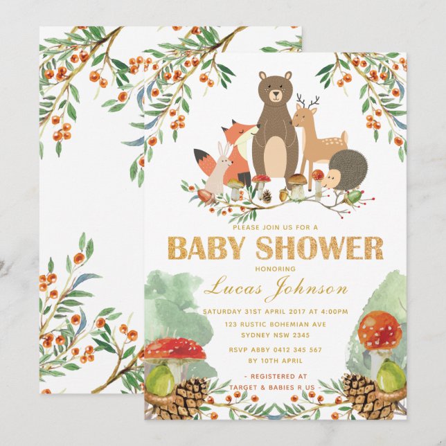 Woodland Baby Shower Forest Animes Einladung (Vorne/Hinten)