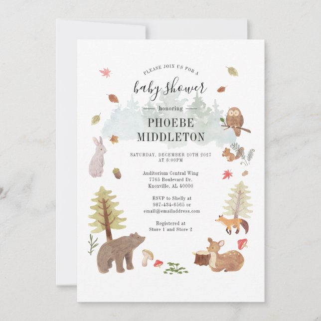 Woodland Baby Shower Forest Animes Einladung (Vorderseite)