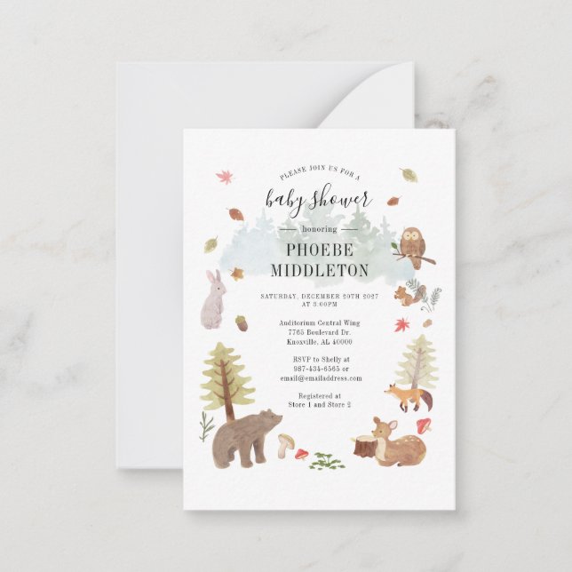Woodland Baby Shower Forest Animes Mitteilungskarte (Vorderseite)