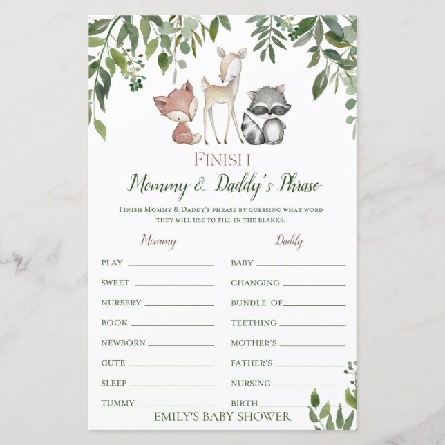 Woodland Baby Shower Game - Schluss mit der Phrase (Vorderseite)