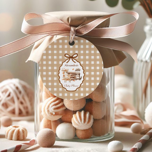 Woodland Baby Shower Gingham Neutral Geschenkanhänger (Von Creator hochgeladen)