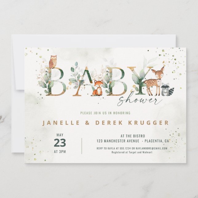 Woodland Baby Shower Grüne Einladung (Vorderseite)