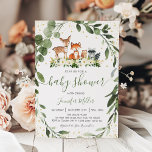 Woodland Baby Shower Grünwald Tier Einladung<br><div class="desc">Diese Einladung enthält niedliche Waldtiere mit Blumengrün und Goldfolienakzenten.</div>