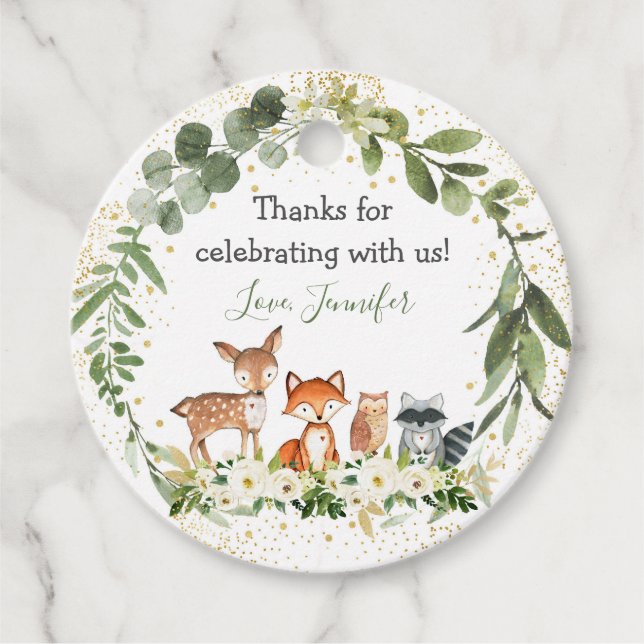 Woodland Baby Shower Grünwald Tier Geschenkanhänger (Vorderseite)