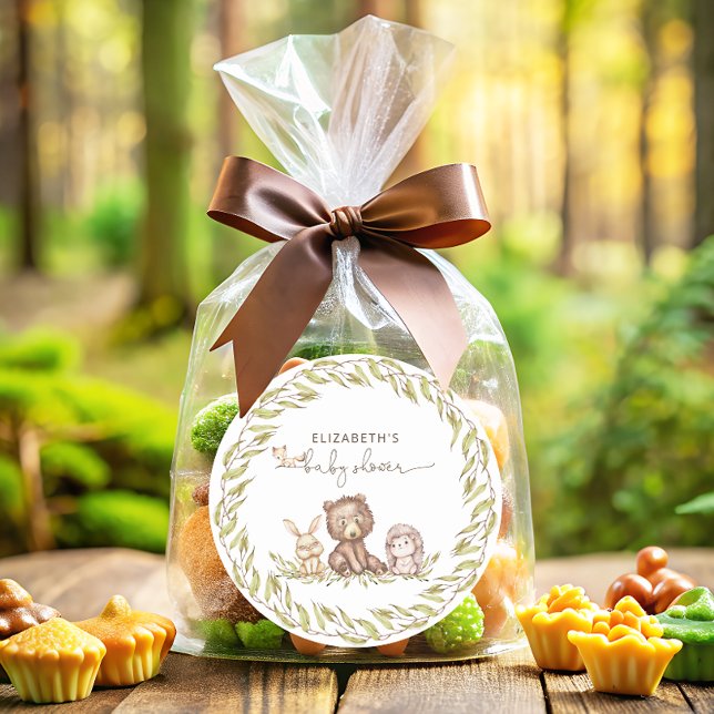 Woodland Baby Shower Grünwald Tier Runder Aufkleber (Von Creator hochgeladen)