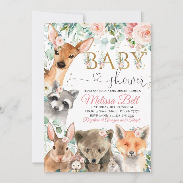 Woodland Baby Shower Invasion Girl, Bärenfuchs Einladung (Vorderseite)