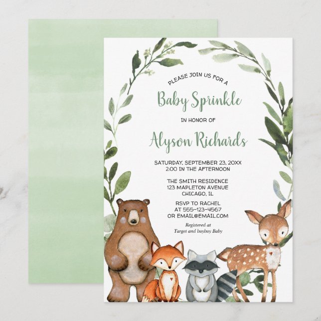 Woodland Baby streuen Waldfreunde niedliche Tiere Einladung (Vorne/Hinten)