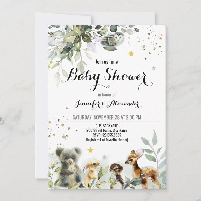 Woodland Babydusche Aquarell Einladung (Vorderseite)