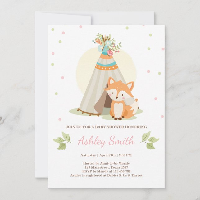 Woodland Babydusche einladend Fox Teepee Girl Pink Einladung (Vorderseite)