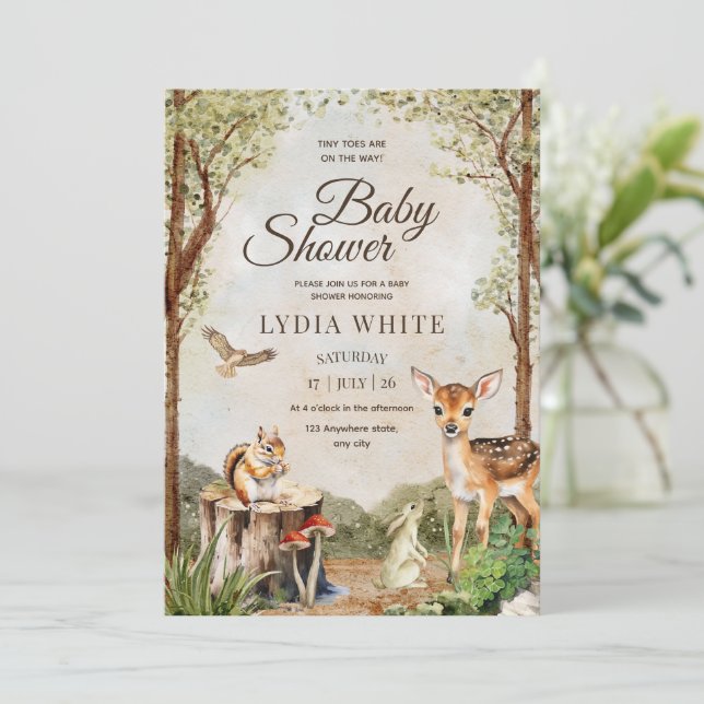 Woodland Babydusche Einladung, geschlechtsneutral Einladung (Stehend Vorderseite)