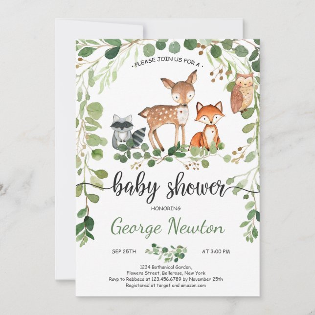 Woodland Babydusche Einladung Tiere Grüne (Vorderseite)