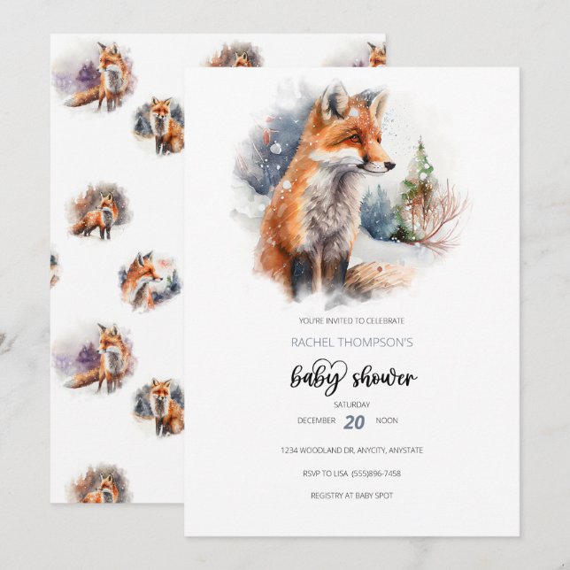 Woodland Babydusche | Fox Baby Dusche Einladung (Vorne/Hinten)