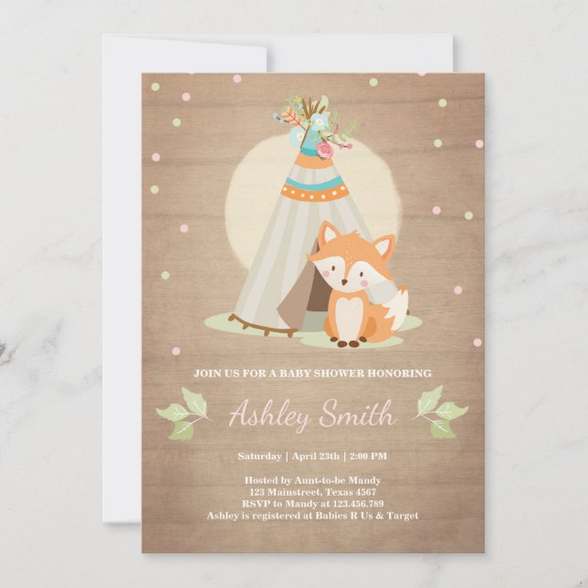 Woodland Babydusche laden Fox Teepee Pink Girl ein Einladung (Vorderseite)