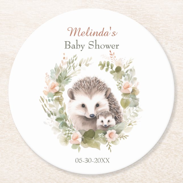 Woodland Babydusche mit Niedlichem Igel Runder Pappuntersetzer (Vorderseite)