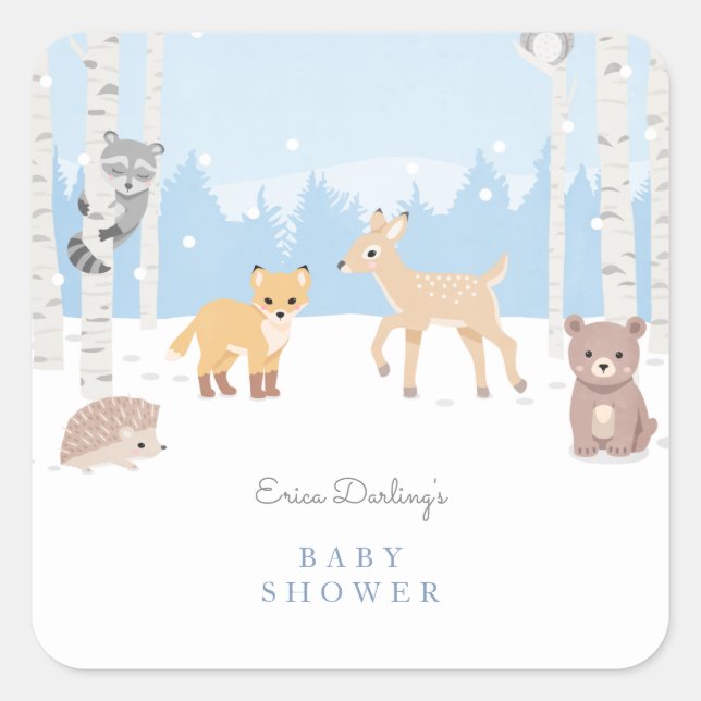 Woodland Babydusche | Winterwald Quadratischer Aufkleber (Vorderseite)
