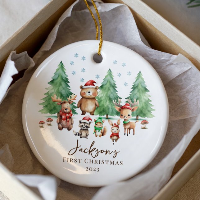 Woodland Baby's 1ST Christmas 2 Sided Foto Keramik Ornament (Von Creator hochgeladen)