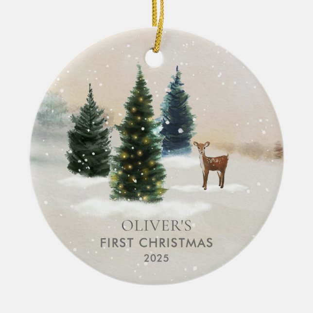 Woodland Baby's First Christmas Photo Keramik Ornament (Vorne)