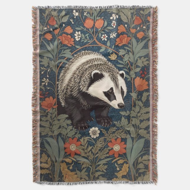 Woodland Badger William Morris Inspiriert Decke (Vorderseite Vertikal)