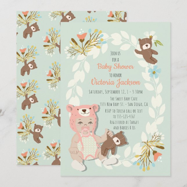 Woodland Bären hat Baby-Dusche Einladungen (Vorne/Hinten)