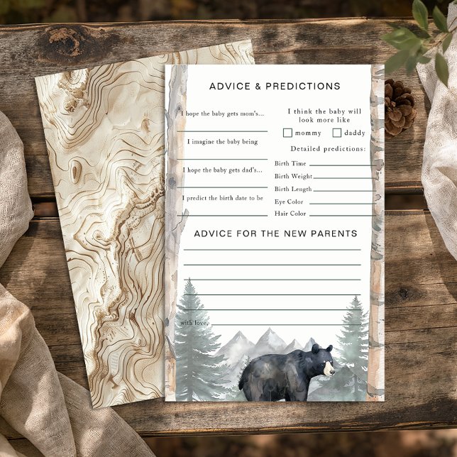 Woodland Bear Baby Duschberatung & Vorhersagen Flyer (Advice & Prediction Sheets - Baby Shower Activity)