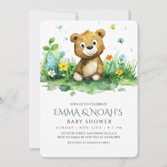 Woodland Bear Baby Dusche Einladung (Vorderseite)