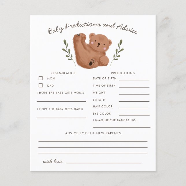Woodland Bear Baby Predictions & Advice Card (Vorderseite)