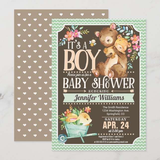 Woodland Bear Baby Shower Einladung Junge (Vorne/Hinten)