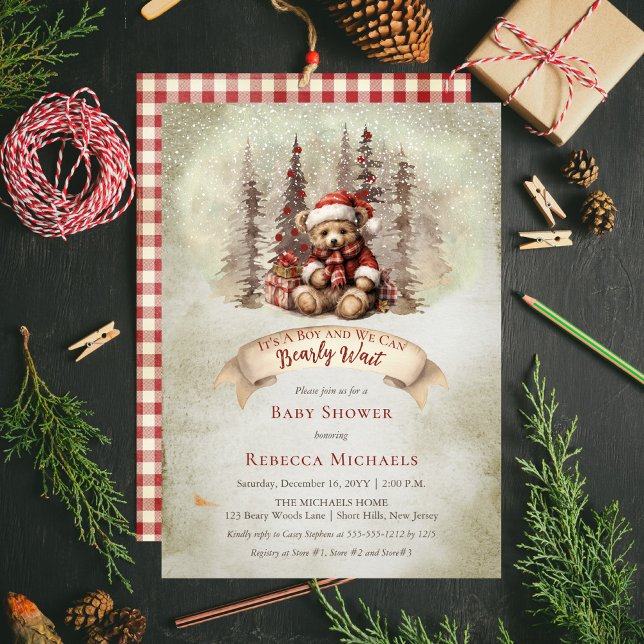 Woodland Bear Bear Bearly Wait Holiday Boy Baby Du Einladung ("It's A Boy and We Can Bearly Wait" Baby Shower rustic woodland Christmas holiday invitation design.)