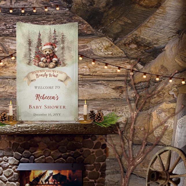 Woodland Bear Bearly Wait Holiday Boy Baby Shower Banner ("It's A Boy and We Can Bearly Wait" Baby Shower rustic woodland Christmas Holiday design)