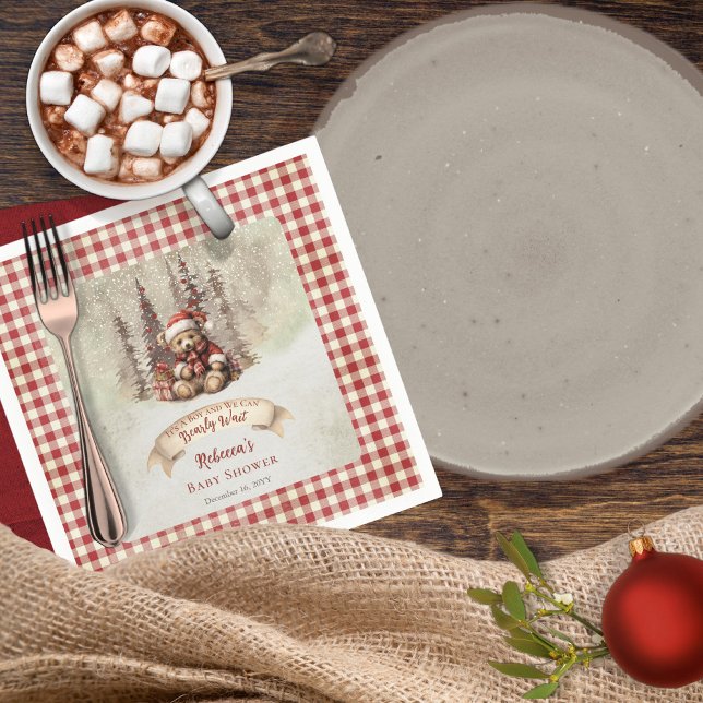 Woodland Bear Bearly Wait Holiday Boy Baby Shower Serviette ("It's A Boy and We Can Bearly Wait" Baby Shower rustic woodland Christmas holiday design)