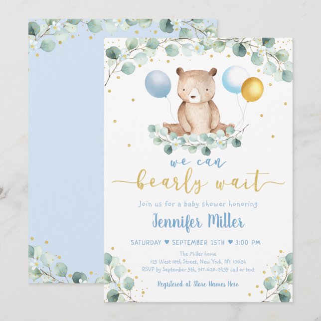 Woodland Bear Blue Gold Greenery Baby Dusche Einladung (Vorne/Hinten)