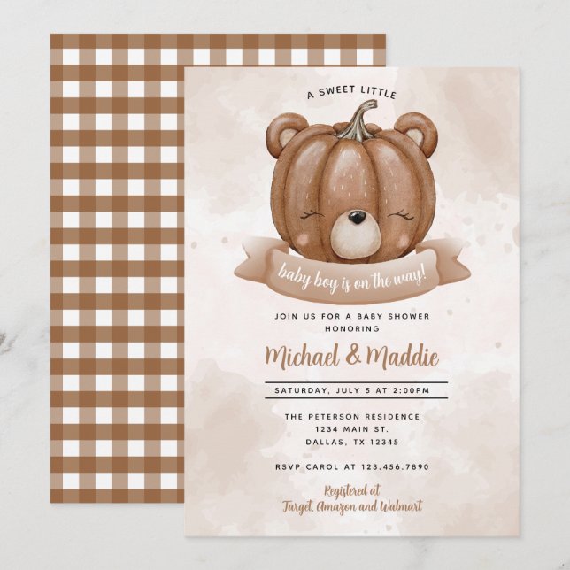 Woodland Bear Pumpkin Baby Dusche Einladung (Vorne/Hinten)