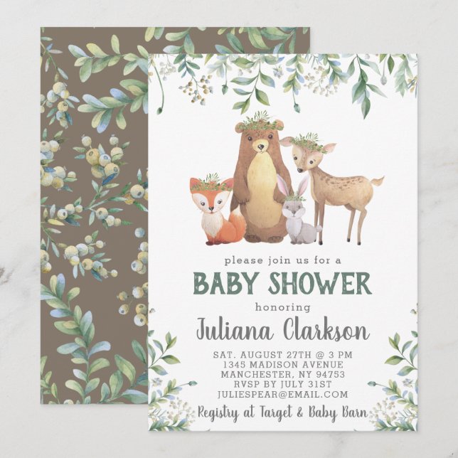 Woodland Blätter Kinderdusche Einladung (Vorne/Hinten)