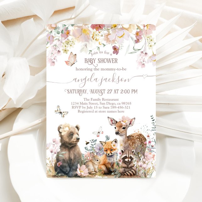 Woodland Bloom Pink Floral Girl Babydusche Einladung (Von Creator hochgeladen)