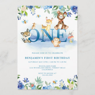 Woodland Blue 1. Geburtstag Einladung