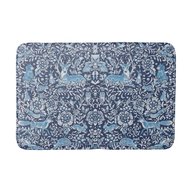 Woodland Blue Animal Fox Owl Rabbit William Morris Badematte (Vorderseite)