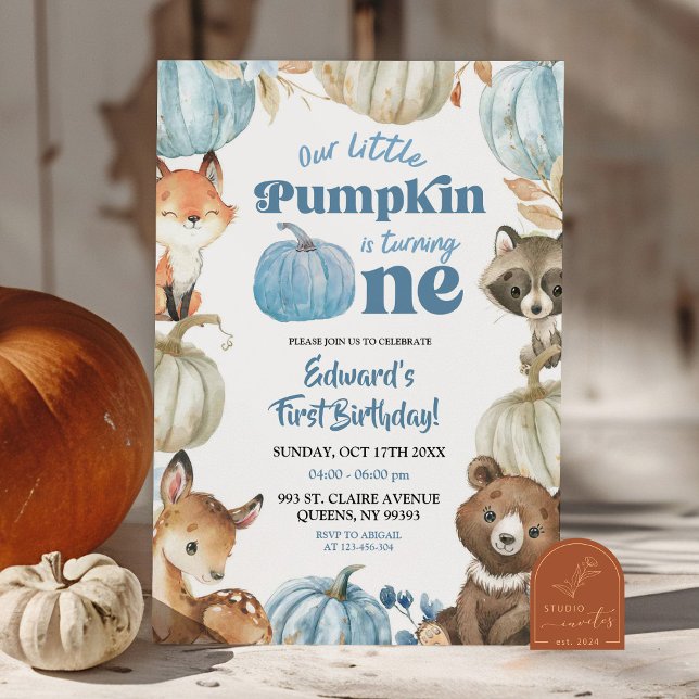 Woodland Blue Boho Pumpkin Boy 1. Geburtstag Einladung (Von Creator hochgeladen)