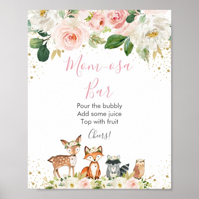 Woodland Blush Bloral Baby Dusche Mimosa Bar Poster (Vorne)