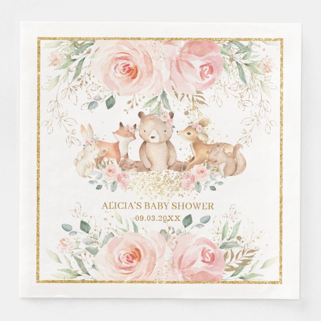 Woodland Blush Pink Bläschen Baby Dusche Geburtsta Serviette (Vorderseite)