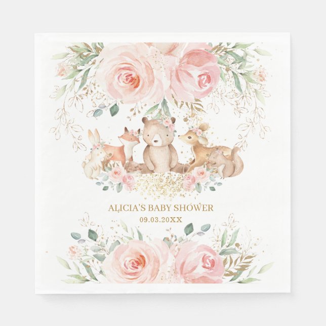 Woodland Blush Pink Bläschen Baby Dusche Geburtsta Serviette (Vorderseite)