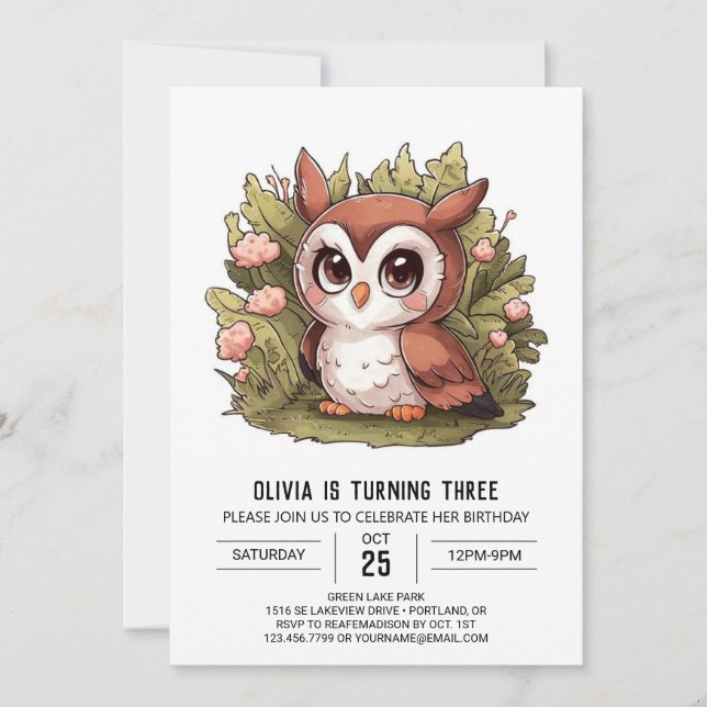 Woodland Boho Digital Owl Geburtstag Einladung (Vorderseite)